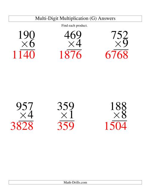 The Multiplying Three-Digit by One-Digit -- 6 per page (G) Math Worksheet Page 2