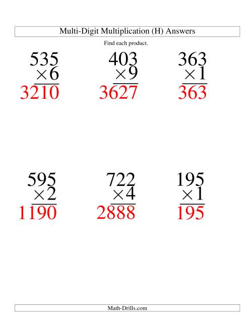 The Multiplying Three-Digit by One-Digit -- 6 per page (H) Math Worksheet Page 2