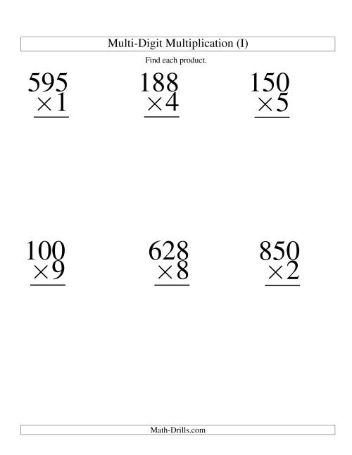 The Multiplying Three-Digit by One-Digit -- 6 per page (I) Math Worksheet