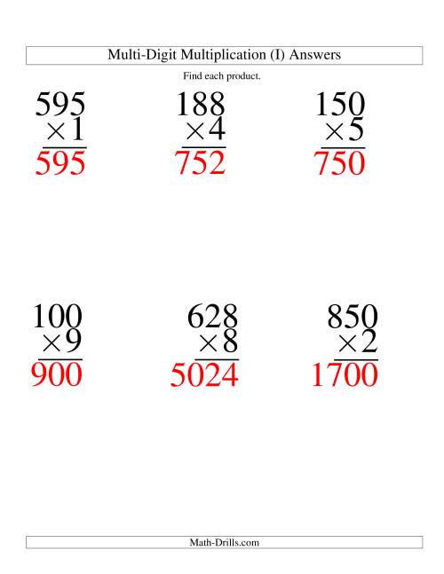 The Multiplying Three-Digit by One-Digit -- 6 per page (I) Math Worksheet Page 2