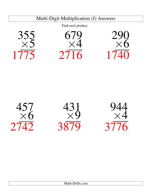 The Multiplying Three-Digit by One-Digit -- 6 per page (J) Math Worksheet Page 2