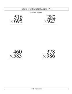 Multiplying Three-Digit by Three-Digit -- 4 per page