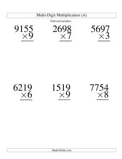 Multiplying Four-Digit by One-Digit -- 6 per page