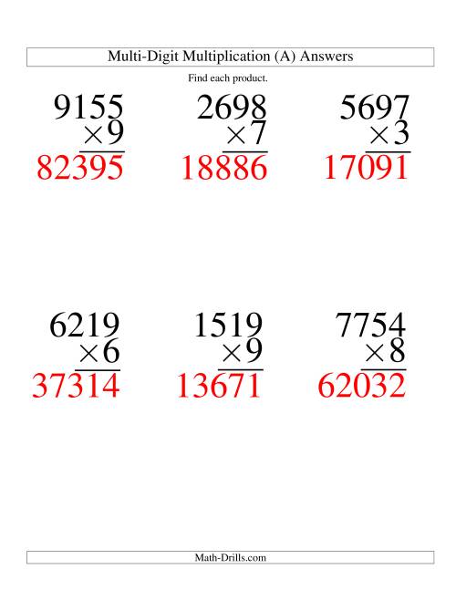 The Multiplying Four-Digit by One-Digit -- 6 per page (A) Math Worksheet Page 2