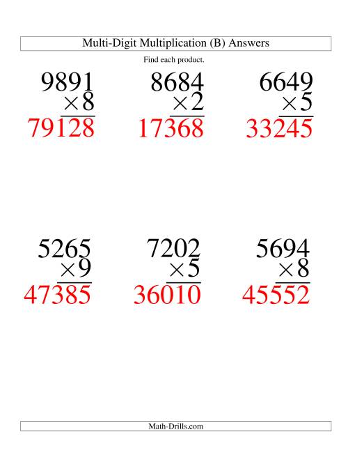 The Multiplying Four-Digit by One-Digit -- 6 per page (B) Math Worksheet Page 2