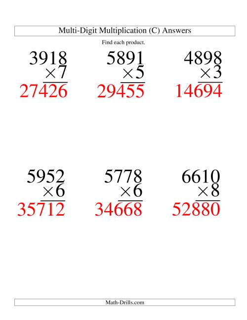 The Multiplying Four-Digit by One-Digit -- 6 per page (C) Math Worksheet Page 2