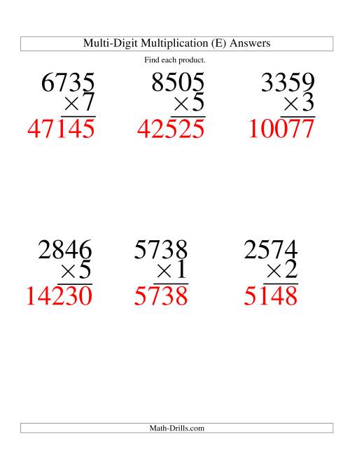 The Multiplying Four-Digit by One-Digit -- 6 per page (E) Math Worksheet Page 2