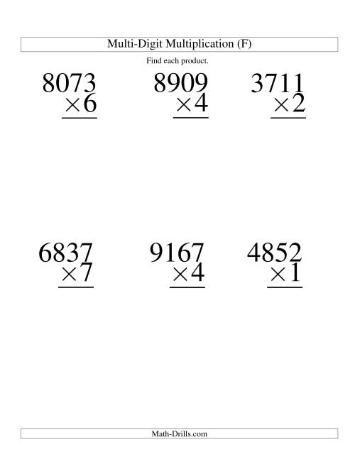 The Multiplying Four-Digit by One-Digit -- 6 per page (F) Math Worksheet