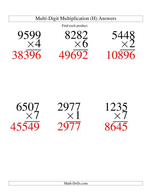 The Multiplying Four-Digit by One-Digit -- 6 per page (H) Math Worksheet Page 2