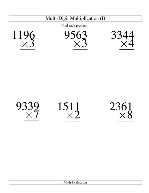 The Multiplying Four-Digit by One-Digit -- 6 per page (I) Math Worksheet