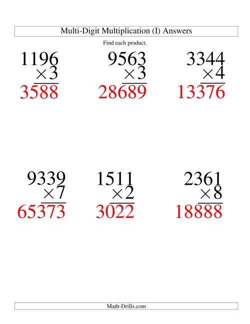 The Multiplying Four-Digit by One-Digit -- 6 per page (I) Math Worksheet Page 2