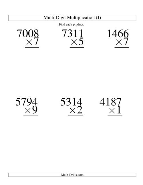 The Multiplying Four-Digit by One-Digit -- 6 per page (J) Math Worksheet