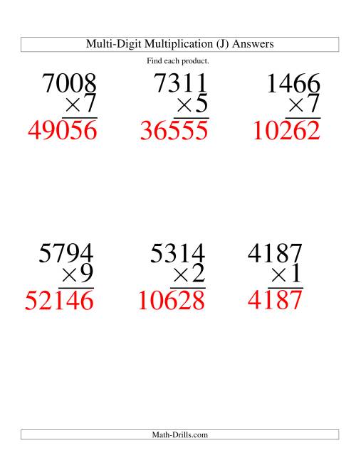 The Multiplying Four-Digit by One-Digit -- 6 per page (J) Math Worksheet Page 2