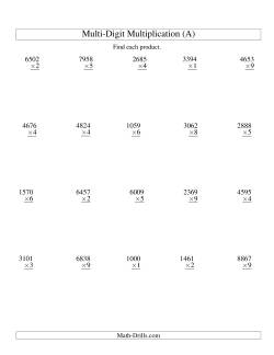 Multiplying Four-Digit by One-Digit -- 20 per page