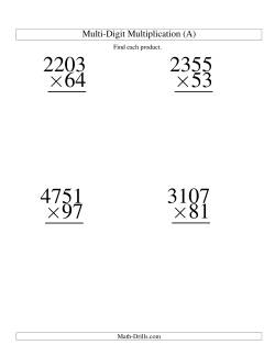 Multiplying Four-Digit by Two-Digit -- 4 per page