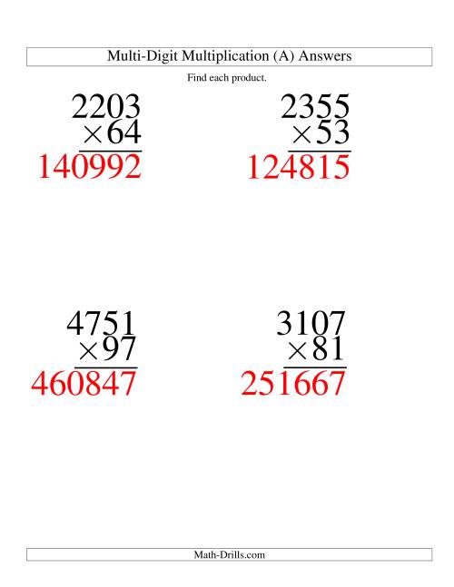 The Multiplying Four-Digit by Two-Digit -- 4 per page (A) Math Worksheet Page 2