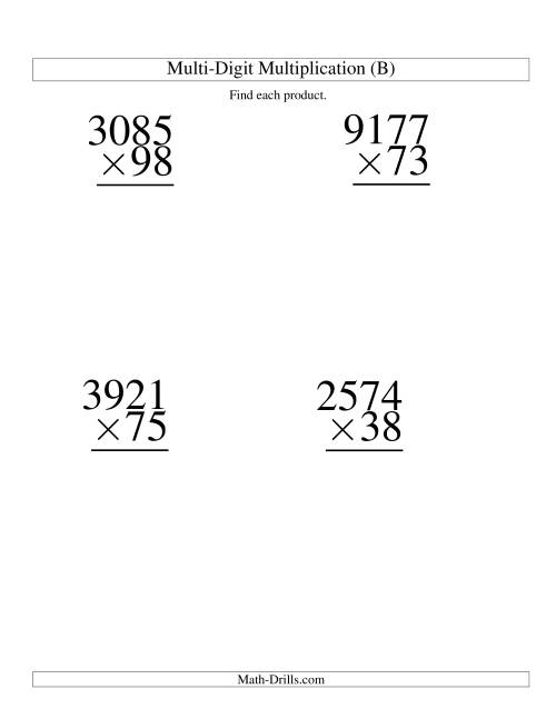 The Multiplying Four-Digit by Two-Digit -- 4 per page (B) Math Worksheet