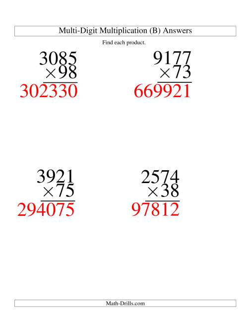 The Multiplying Four-Digit by Two-Digit -- 4 per page (B) Math Worksheet Page 2