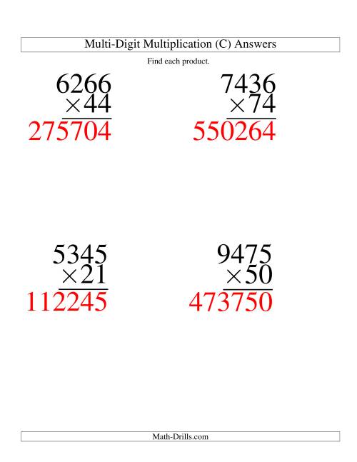 The Multiplying Four-Digit by Two-Digit -- 4 per page (C) Math Worksheet Page 2