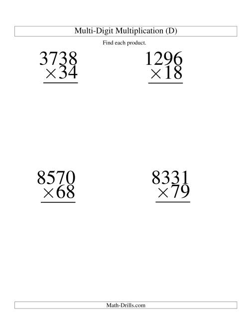 The Multiplying Four-Digit by Two-Digit -- 4 per page (D) Math Worksheet