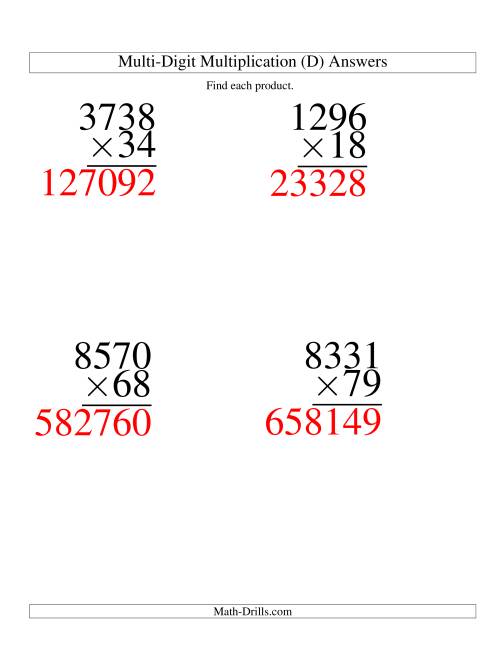 The Multiplying Four-Digit by Two-Digit -- 4 per page (D) Math Worksheet Page 2