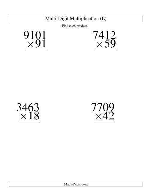 The Multiplying Four-Digit by Two-Digit -- 4 per page (E) Math Worksheet