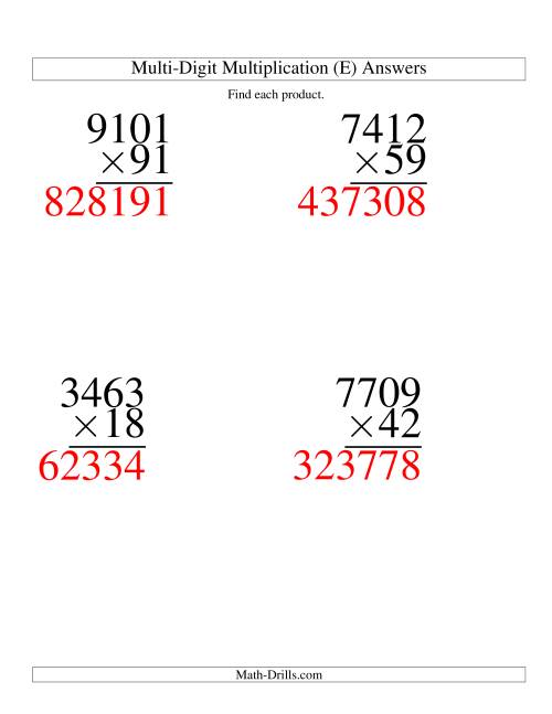 The Multiplying Four-Digit by Two-Digit -- 4 per page (E) Math Worksheet Page 2