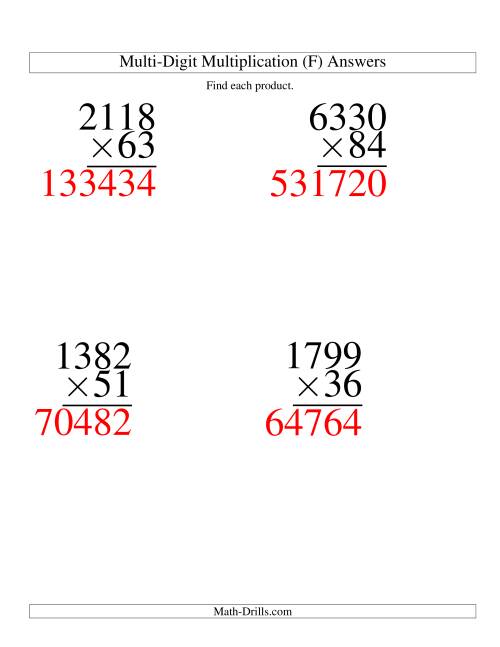 The Multiplying Four-Digit by Two-Digit -- 4 per page (F) Math Worksheet Page 2