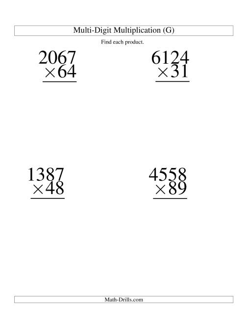 The Multiplying Four-Digit by Two-Digit -- 4 per page (G) Math Worksheet