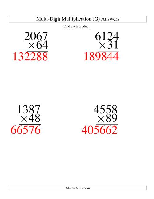 The Multiplying Four-Digit by Two-Digit -- 4 per page (G) Math Worksheet Page 2