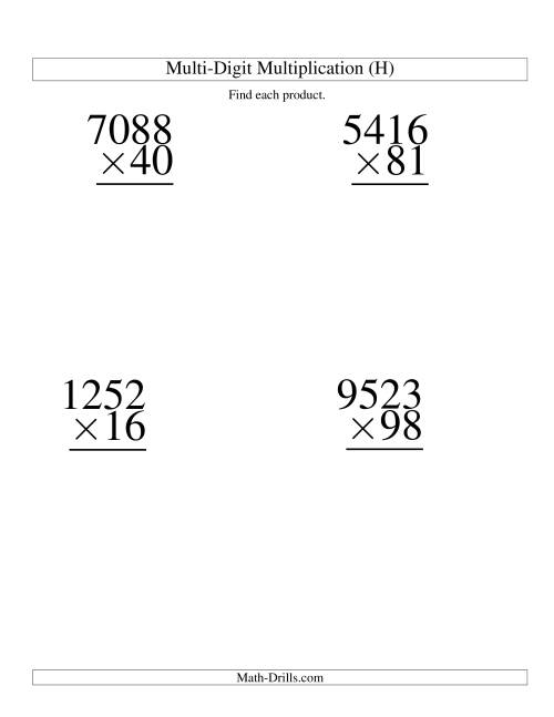 The Multiplying Four-Digit by Two-Digit -- 4 per page (H) Math Worksheet