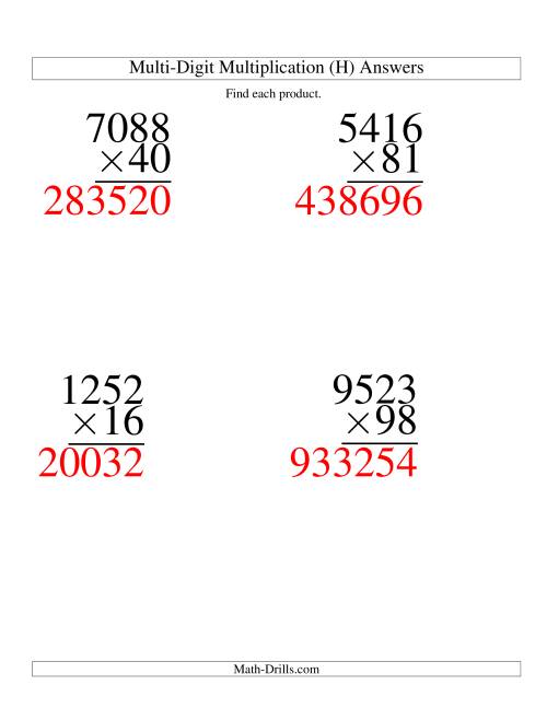 The Multiplying Four-Digit by Two-Digit -- 4 per page (H) Math Worksheet Page 2