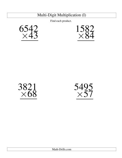 The Multiplying Four-Digit by Two-Digit -- 4 per page (I) Math Worksheet