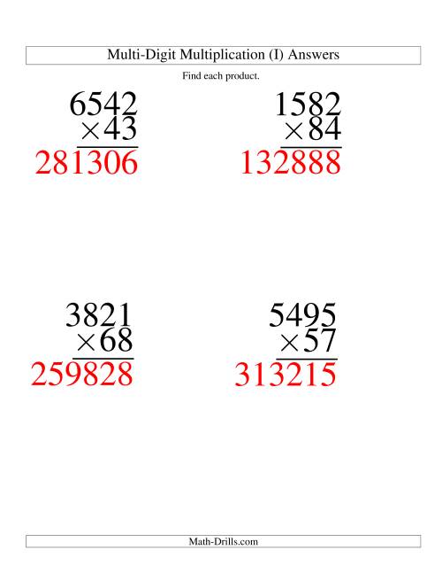 The Multiplying Four-Digit by Two-Digit -- 4 per page (I) Math Worksheet Page 2