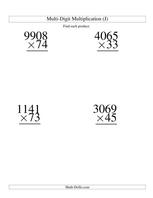 The Multiplying Four-Digit by Two-Digit -- 4 per page (J) Math Worksheet