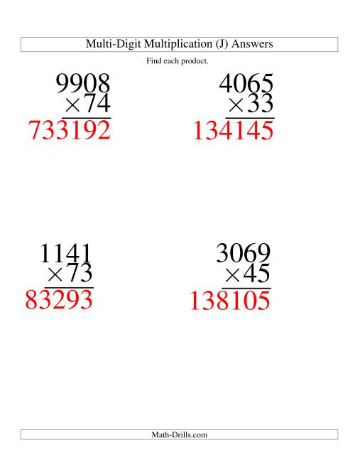 The Multiplying Four-Digit by Two-Digit -- 4 per page (J) Math Worksheet Page 2