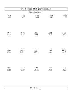 Multiplying Four-Digit by Two-Digit -- 20 per page