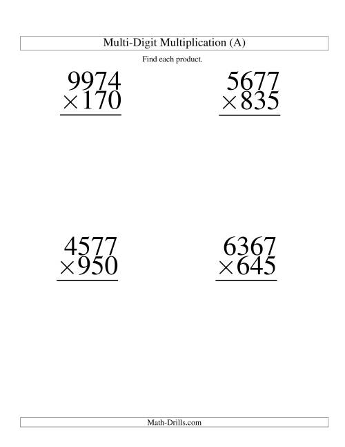 The Multiplying Four-Digit by Three-Digit -- 4 per page (A) Math Worksheet