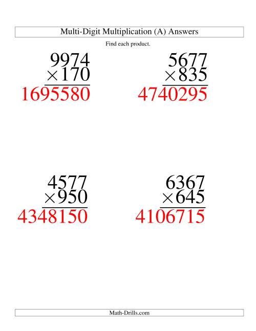 The Multiplying Four-Digit by Three-Digit -- 4 per page (A) Math Worksheet Page 2