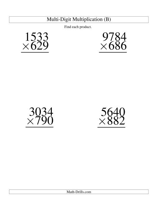 The Multiplying Four-Digit by Three-Digit -- 4 per page (B) Math Worksheet
