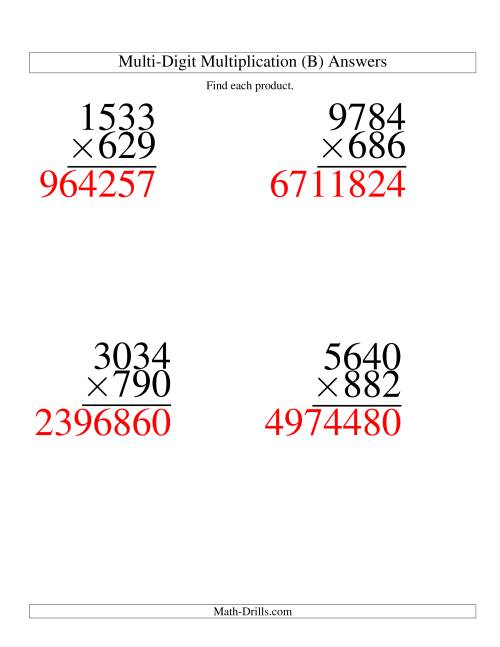 The Multiplying Four-Digit by Three-Digit -- 4 per page (B) Math Worksheet Page 2