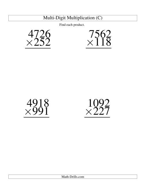 The Multiplying Four-Digit by Three-Digit -- 4 per page (C) Math Worksheet