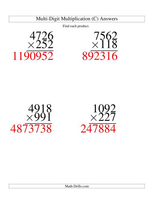 The Multiplying Four-Digit by Three-Digit -- 4 per page (C) Math Worksheet Page 2