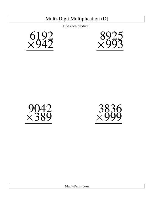 The Multiplying Four-Digit by Three-Digit -- 4 per page (D) Math Worksheet