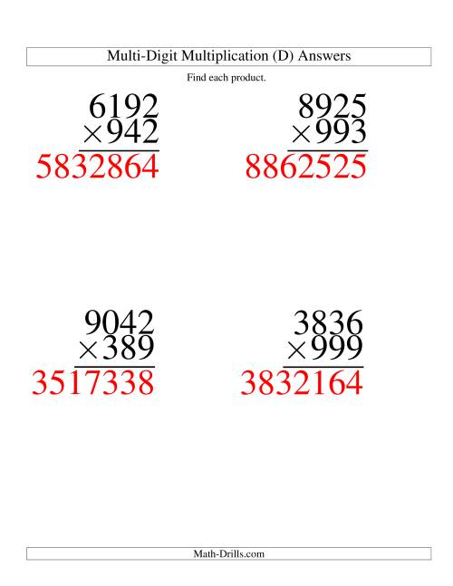 The Multiplying Four-Digit by Three-Digit -- 4 per page (D) Math Worksheet Page 2