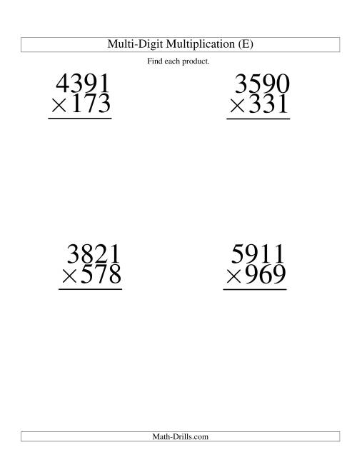 The Multiplying Four-Digit by Three-Digit -- 4 per page (E) Math Worksheet