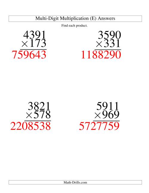 The Multiplying Four-Digit by Three-Digit -- 4 per page (E) Math Worksheet Page 2
