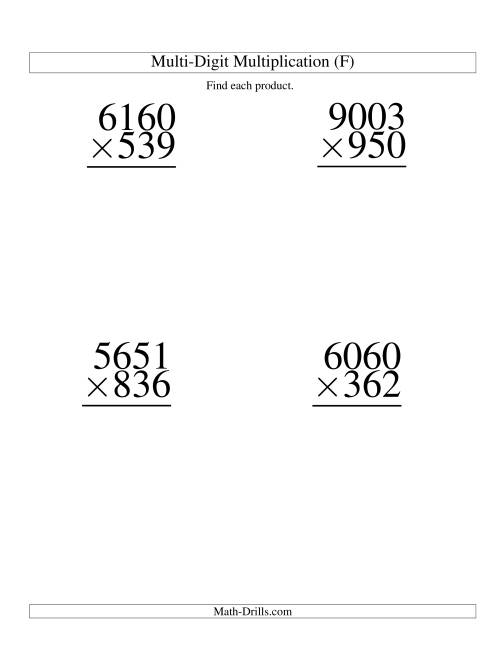 The Multiplying Four-Digit by Three-Digit -- 4 per page (F) Math Worksheet