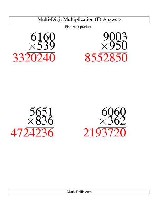 The Multiplying Four-Digit by Three-Digit -- 4 per page (F) Math Worksheet Page 2