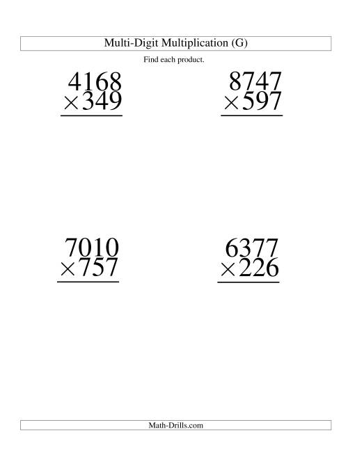 The Multiplying Four-Digit by Three-Digit -- 4 per page (G) Math Worksheet